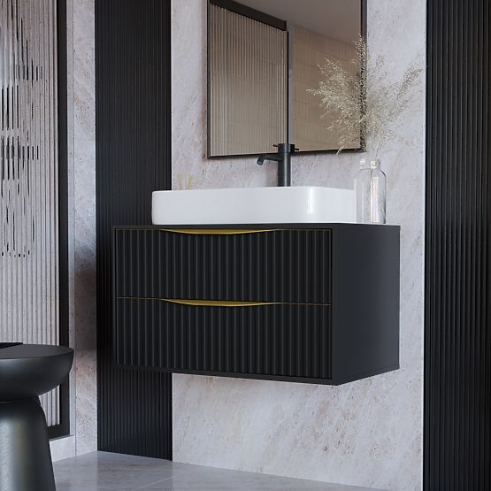 Avila 2.0 Under-Sink Cabinet, 80 cm, Grooved, Gold Handles, Black