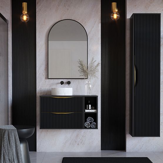 Bathroom Cabinet Column Avila, Grooved, Gold Handle, Black