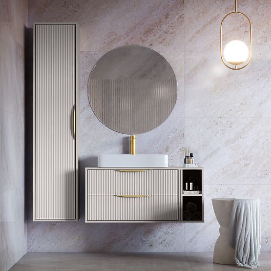 Bathroom Cabinet Column Avila, Grooved, Gold Handle, Cashmere