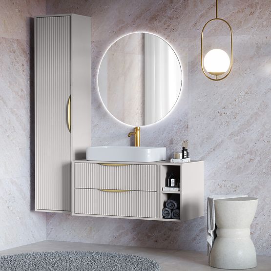 Bathroom Cabinet Column Avila, Grooved, Gold Handle, Cashmere