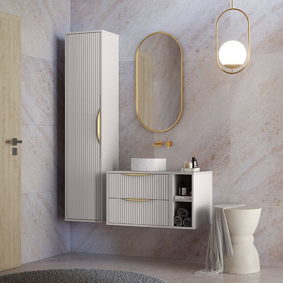 Bathroom Cabinet Column Avila, Grooved, Gold Handle, Cashmere