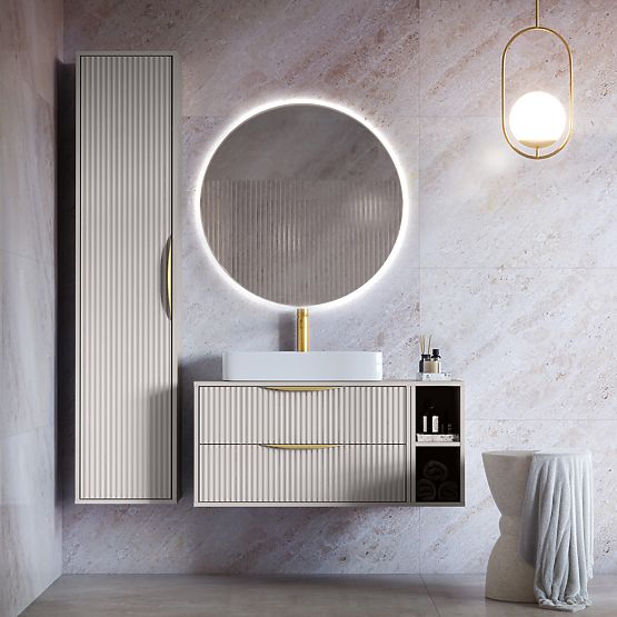 Bathroom Cabinet Column Avila, Grooved, Gold Handle, Cashmere