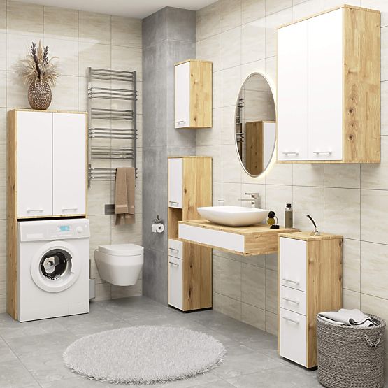 Bathroom Cabinet Uni - Artisan Oak White - 2 Doors 2 Niches