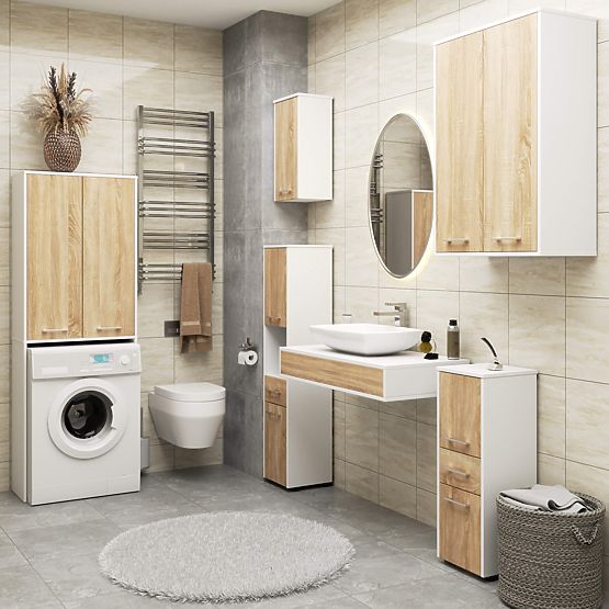 BATHROOM COLUMN FIN 180 FOR WASHING MACHINE FULL 2D - WHITE / SONOMA OAK