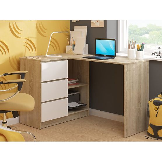 CORNER DESK B16 124 cm LEFT 3 DRAWERS OAK SONOMA / WHITE