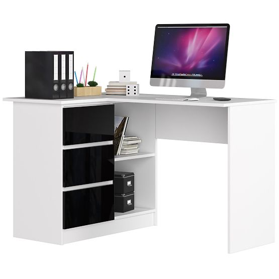 CORNER DESK B16 124 cm LEFT 3 DRAWERS WHITE / BLACK GLOSS