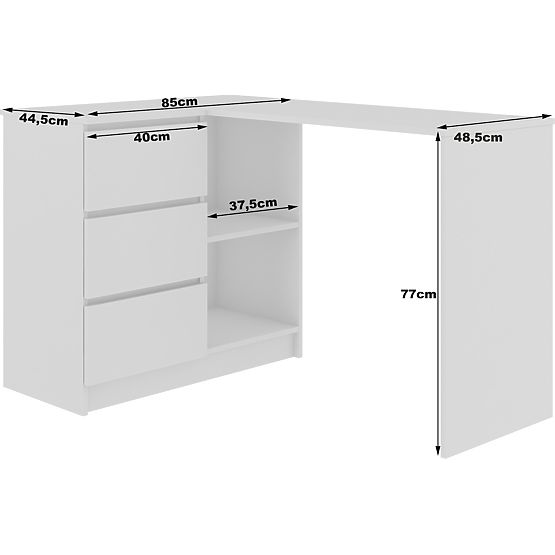 CORNER DESK B16 124 cm LEFT 3 DRAWERS WHITE / BLACK GLOSS