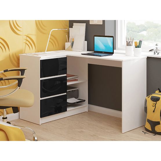 CORNER DESK B16 124 cm LEFT 3 DRAWERS WHITE / BLACK GLOSS