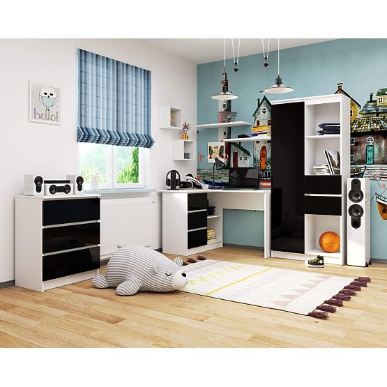 CORNER DESK B16 124 cm LEFT 3 DRAWERS WHITE / BLACK GLOSS