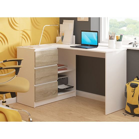 CORNER DESK B16 124 cm LEFT 3 DRAWERS WHITE / SONOMA OAK