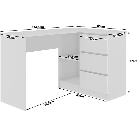 CORNER DESK B16 124 cm RIGHT 3 DRAWERS PK WHITE / SONOMA