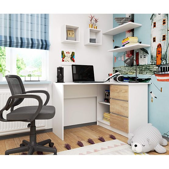 CORNER DESK B16 124 cm RIGHT 3 DRAWERS PK WHITE / SONOMA