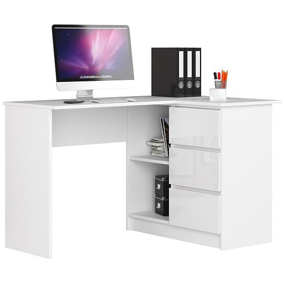 CORNER DESK B16 124 cm RIGHT 3 DRAWERS PK WHITE / WHITE GLOSS