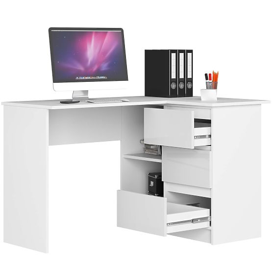 CORNER DESK B16 124 cm RIGHT 3 DRAWERS PK WHITE / WHITE GLOSS