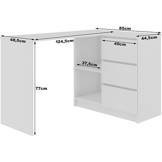CORNER DESK B16 124 cm RIGHT 3 DRAWERS PK WHITE / WHITE GLOSS