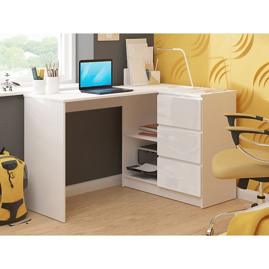 CORNER DESK B16 124 cm RIGHT 3 DRAWERS PK WHITE / WHITE GLOSS