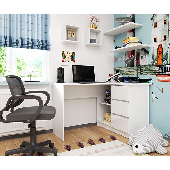CORNER DESK B16 124 cm RIGHT 3 DRAWERS PK WHITE / WHITE GLOSS