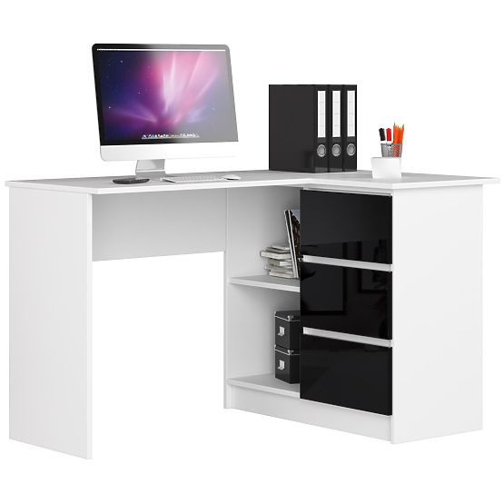 CORNER DESK B16 124 cm RIGHT 3 DRAWERS WHITE / BLACK GLOSS