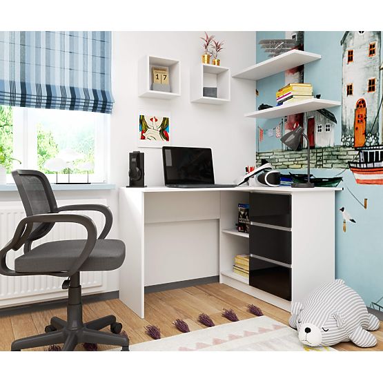 CORNER DESK B16 124 cm RIGHT 3 DRAWERS WHITE / BLACK GLOSS
