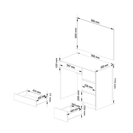 COSMETIC DRESSING TABLE WITH MIRROR T-6/SL 900x600 RIGHT PK WHITE