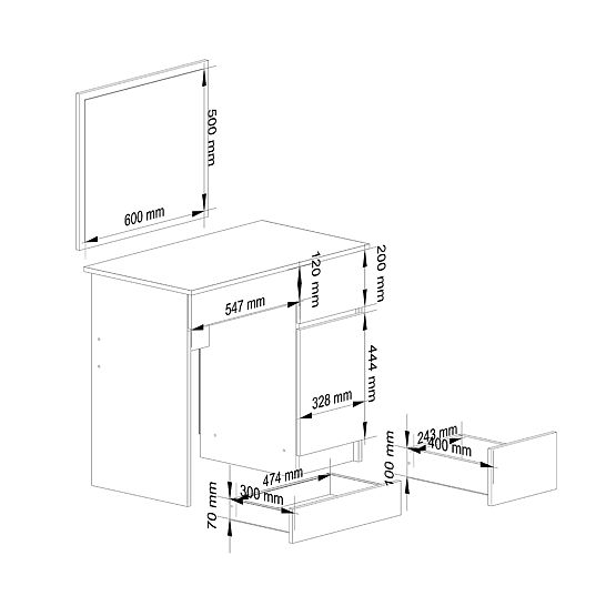 COSMETIC VANITY TABLE WITH MIRROR P-2/SL 500x600 RIGHT PK WHITE