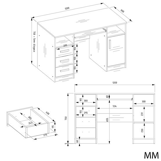 DELTA WHITE DESK 120 cm 3 Drawers Cabinet Shelf for Office Room Laptop