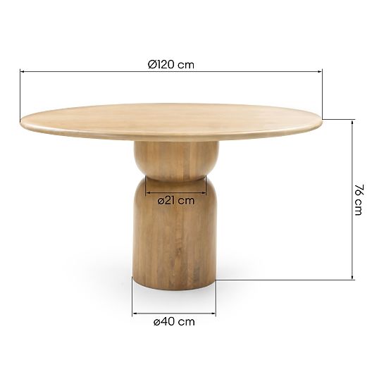 Dining Table Calvari 120 cm, Round, Mango Wood, Rounded Shapes