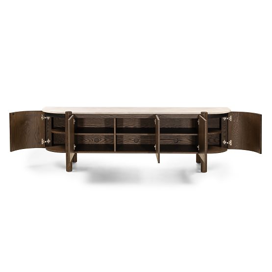 Five-Door TV Cabinet Bruna, Mocha Oak/Cream Marble, Rounded