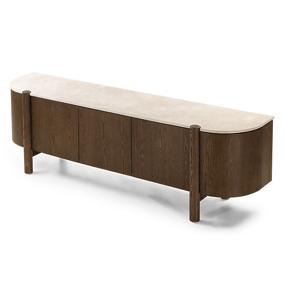 Five-Door TV Cabinet Bruna, Mocha Oak/Cream Marble, Rounded