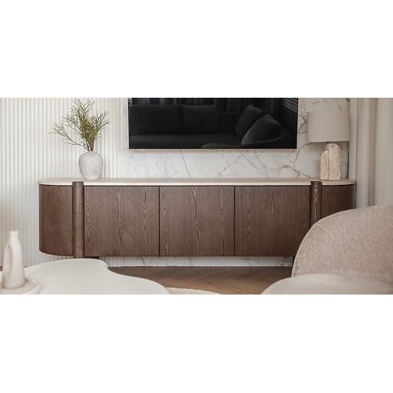 Five-Door TV Cabinet Bruna, Mocha Oak/Cream Marble, Rounded