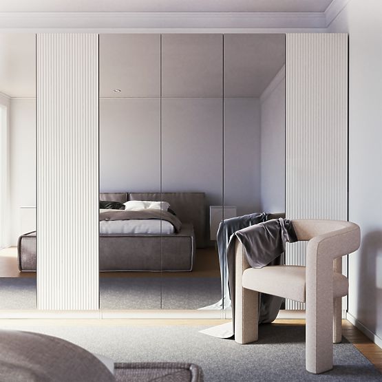 Four-Door Wardrobe Neroli, Mirror/Simple Grooves, White