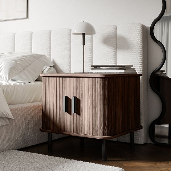 Gliss Nightstand, Rounded, Slats, Dark Walnut