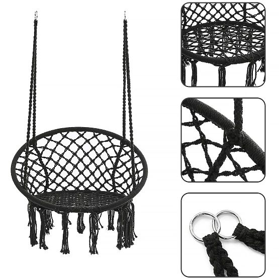 Hanging Boho Chair with Cushion Black 490129A