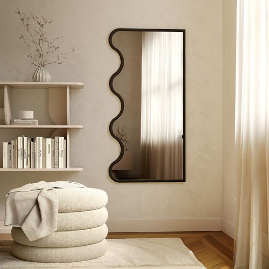 Hanging Mirror in Wavy Frame Noelie, 140x70 cm, Rectangular, Paulownia Wood, Black