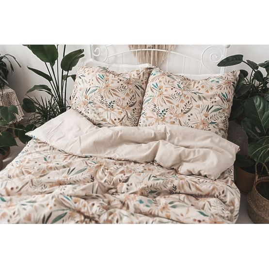 LINEN Bedding Set - leaves 220x200 + 2x 70x80