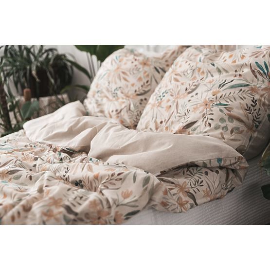 LINEN Bedding Set - leaves 220x200 + 2x 70x80