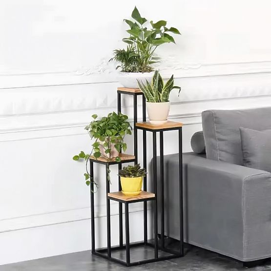 Plant Stand Shelf Decoration with 4 Shelves Metal MDF Light Walnut ModernHome