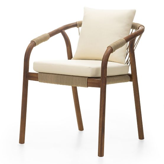 Rovigo Garden Chair with Woven Rope, Dark Acacia Wood/Light Beige, Rounded