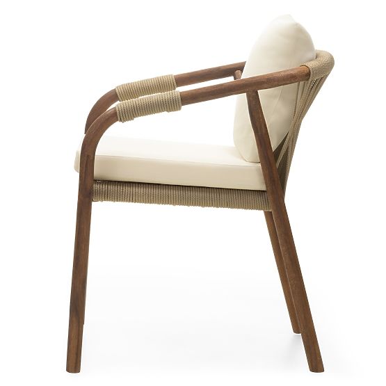 Rovigo Garden Chair with Woven Rope, Dark Acacia Wood/Light Beige, Rounded