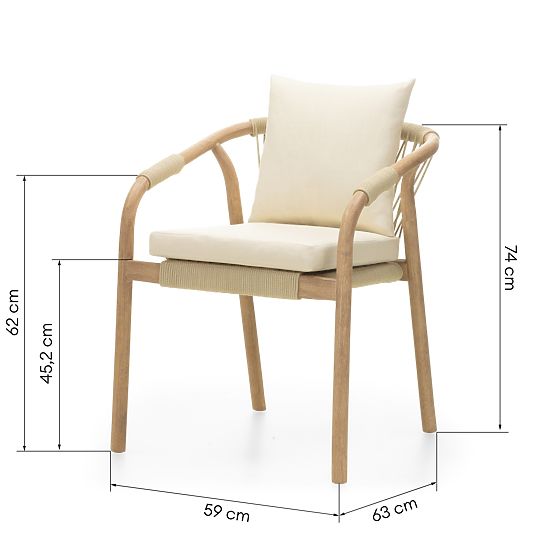 Rovigo Garden Chair with Woven Rope, Light Acacia Wood/Light Beige, Rounded