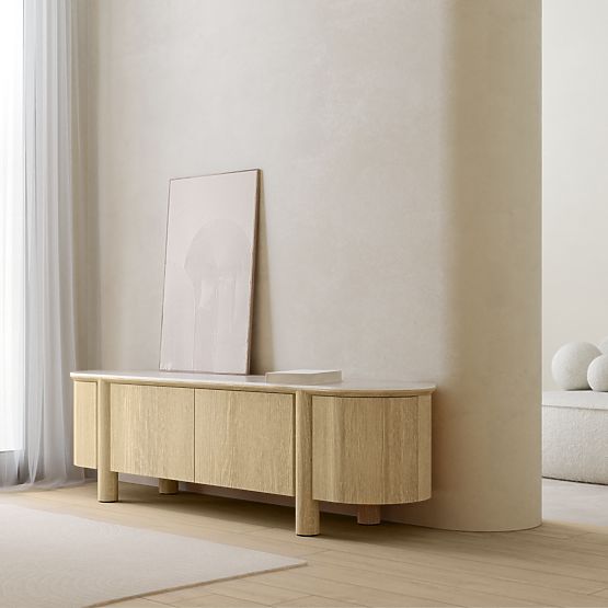 Segretto TV Cabinet with Four Doors, Rounded, Natural Oak, Travertine