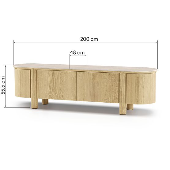 Segretto TV Cabinet with Four Doors, Rounded, Natural Oak, Travertine