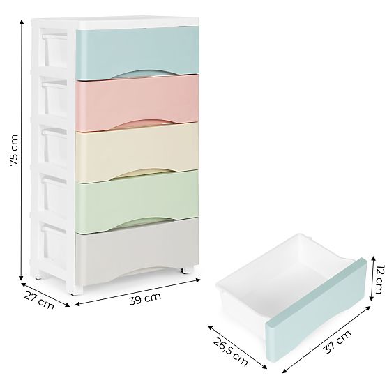 Shelf with 5 Pull-Out Drawers, Legs with Wheels, Colorful Drawers ModernHome