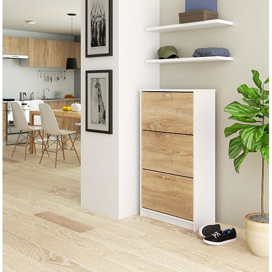 Shoe Cabinet 3 Flip Doors 60 cm - White-Sonoma Oak