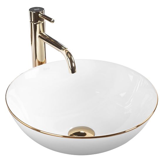 Stella White Countertop Ceramic Basin with Gold Rim
