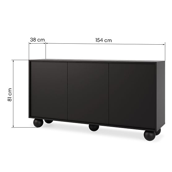 Three-Door Sideboard Aldo Black, Ball-Shaped Legs