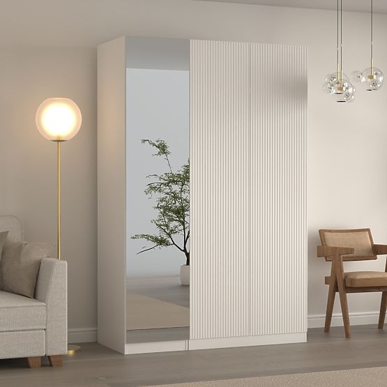 Three-Door Wardrobe Neroli, Mirror/Simple Grooves, White