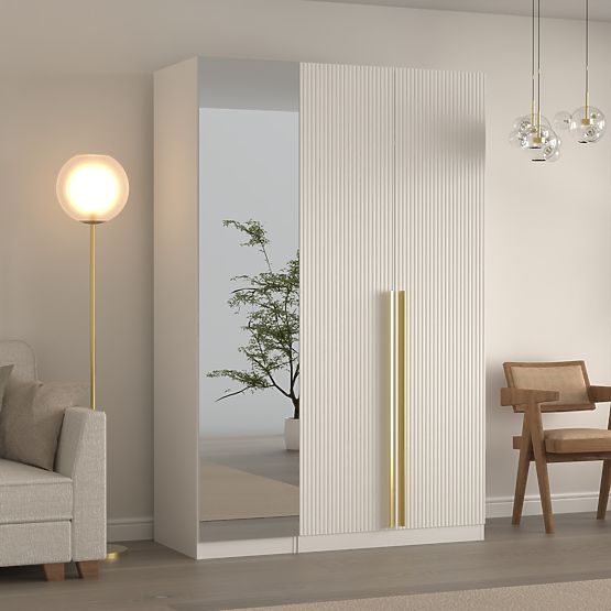 Three-Door Wardrobe Neroli, Mirror/Simple Grooves, White