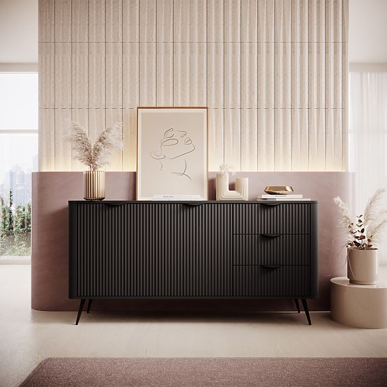 Two-Door Sideboard with Drawers Lante Black, Ribbed, Rounded