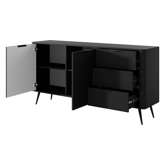 Two-Door Sideboard with Drawers Lante Black, Ribbed, Rounded